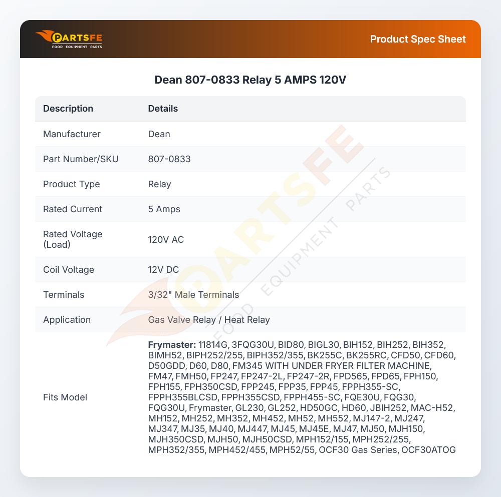 Dean 807-0833 Relay 5 AMPS 120V