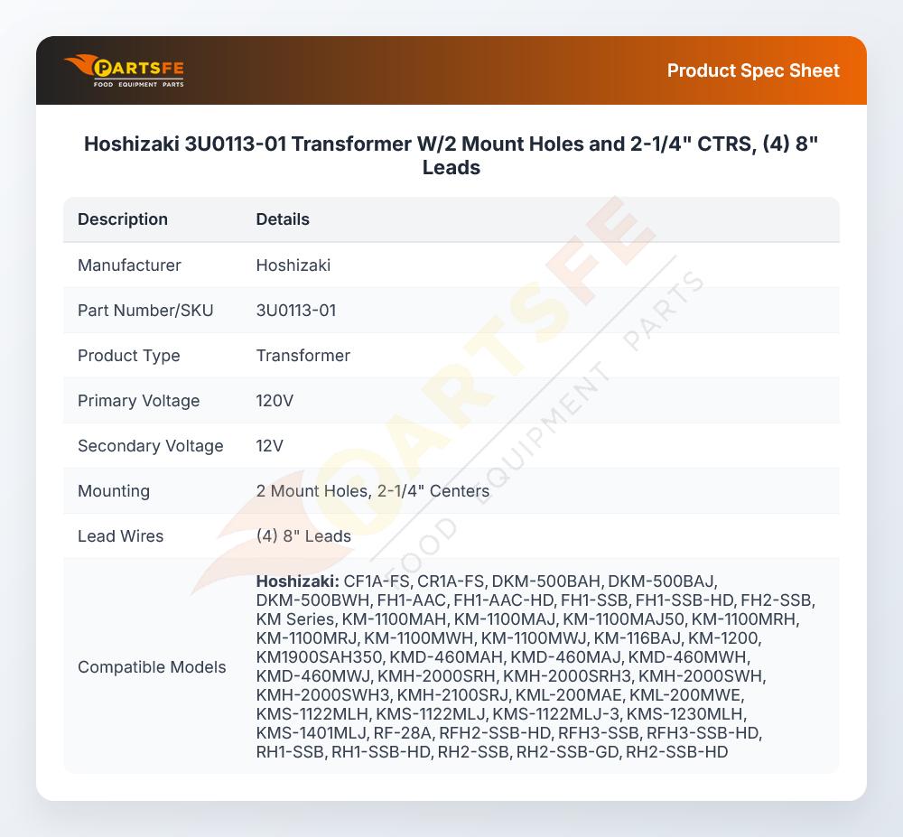 Hoshizaki 3U0113-01 Transformer W/2 Mount Holes and 2-1/4" CTRS, (4) 8" Leads