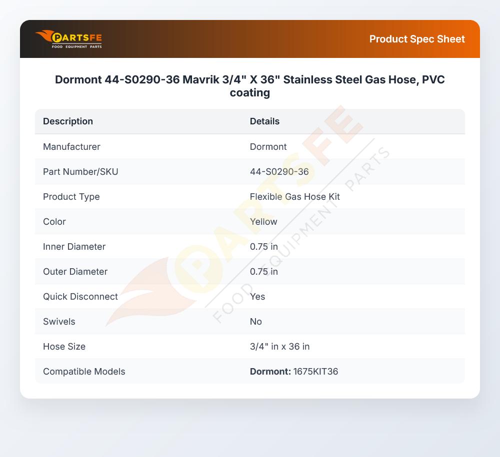 Dormont 44-S0290-36 Mavrik Gas Hose Kit 3/4" X 36" SS